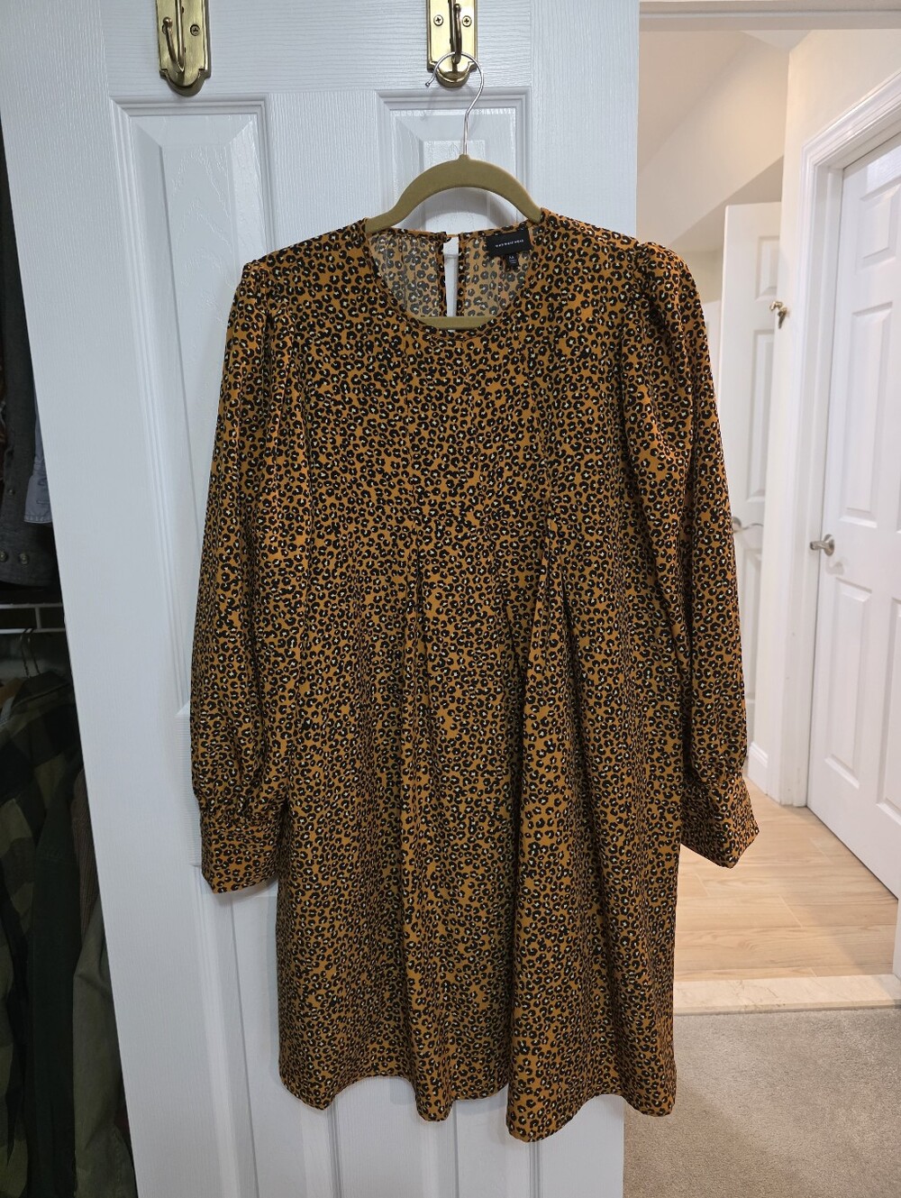 Who What Wear Mustard Leopard Print Long Sleeve Shift Dress